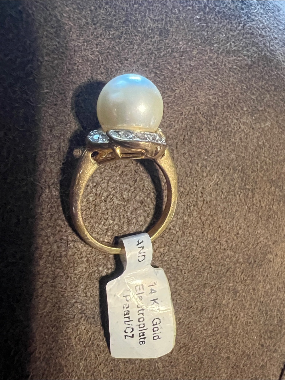 14K Electroplated Gold Pearl Ring with CZ Accents